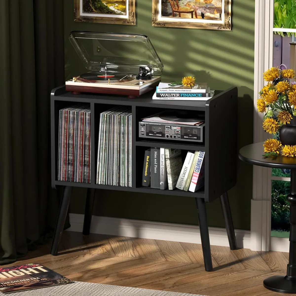 Record Player Table Mid-Century Stand with Vinyl - Image 1