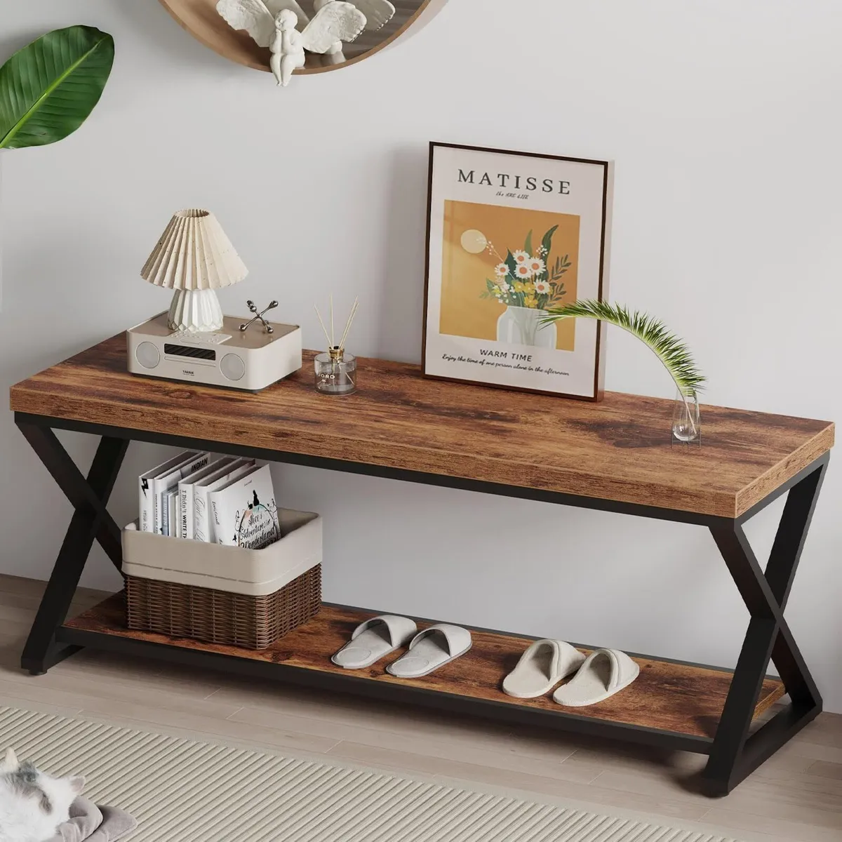 Wood Entryway Bench Indoor Industrial with Shoe - Image 1
