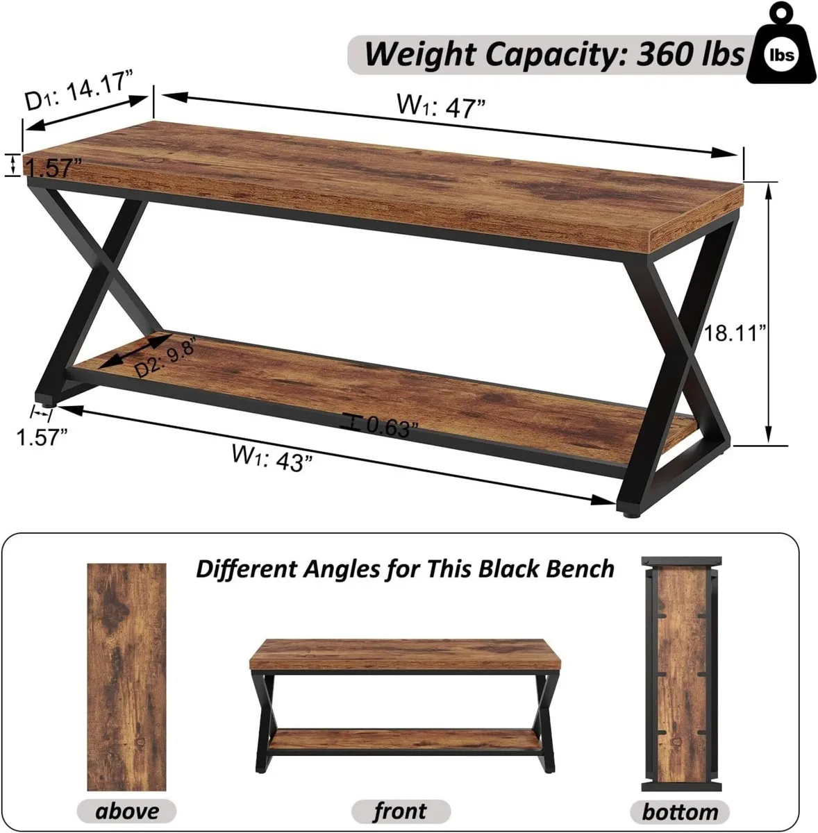 Wood Entryway Bench Indoor Industrial with Shoe - Image 2