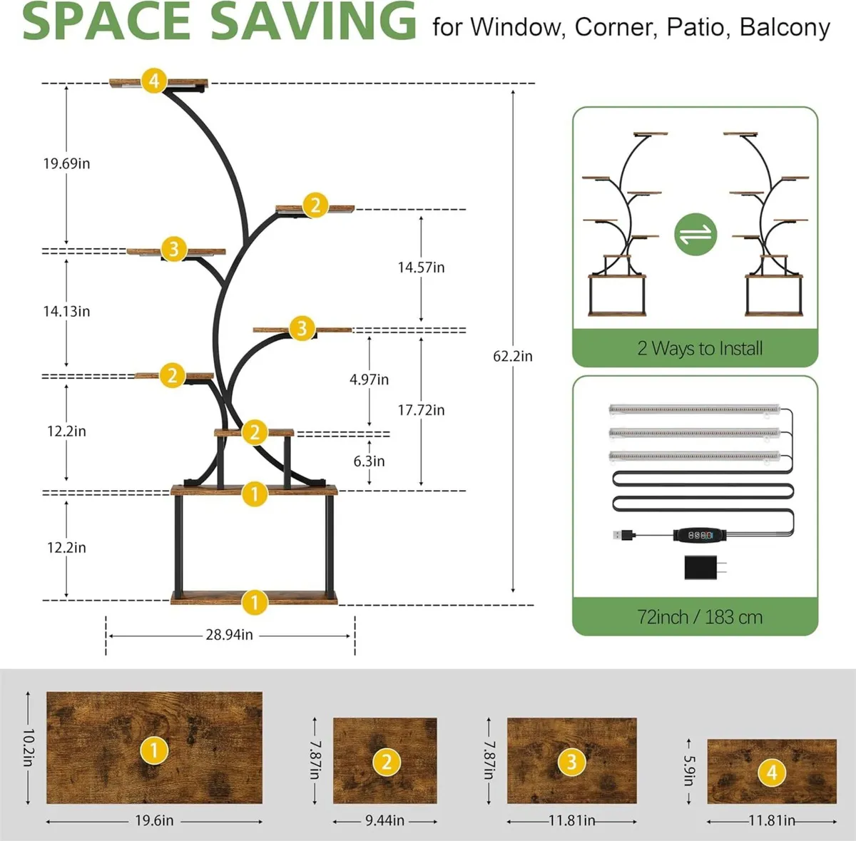 8-Tiered Tall Plant Stand with Grow Light Metal - Image 2
