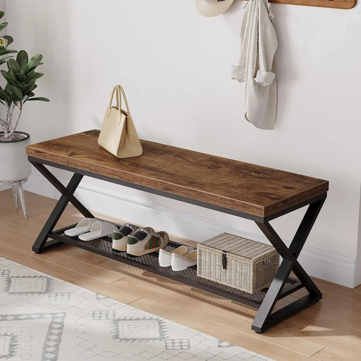 Rustic Brown Industrial Entryway Bench with - Image 1