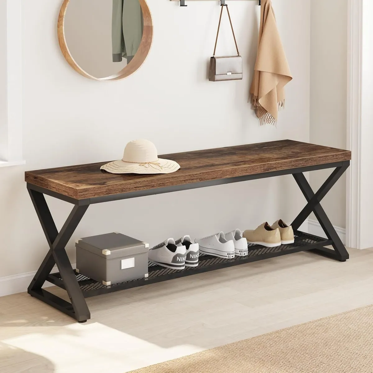 Rustic Brown Industrial Entryway Bench with - Image 3