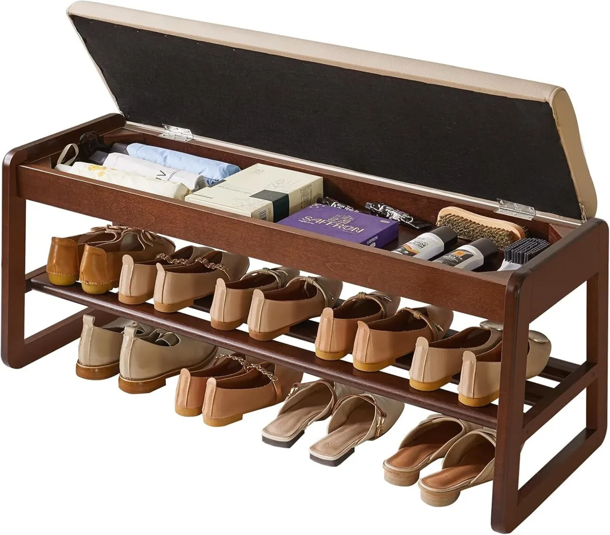Wood Shoe Storage Bench with Cushion 2 Tier Rack - Image 1