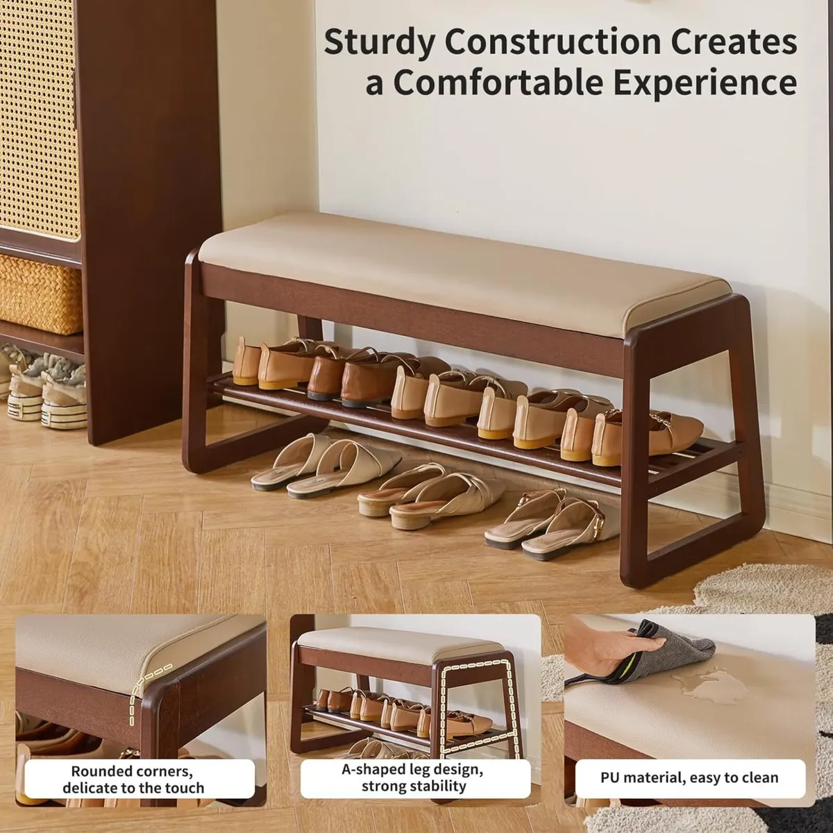 Wood Shoe Storage Bench with Cushion 2 Tier Rack - Image 4
