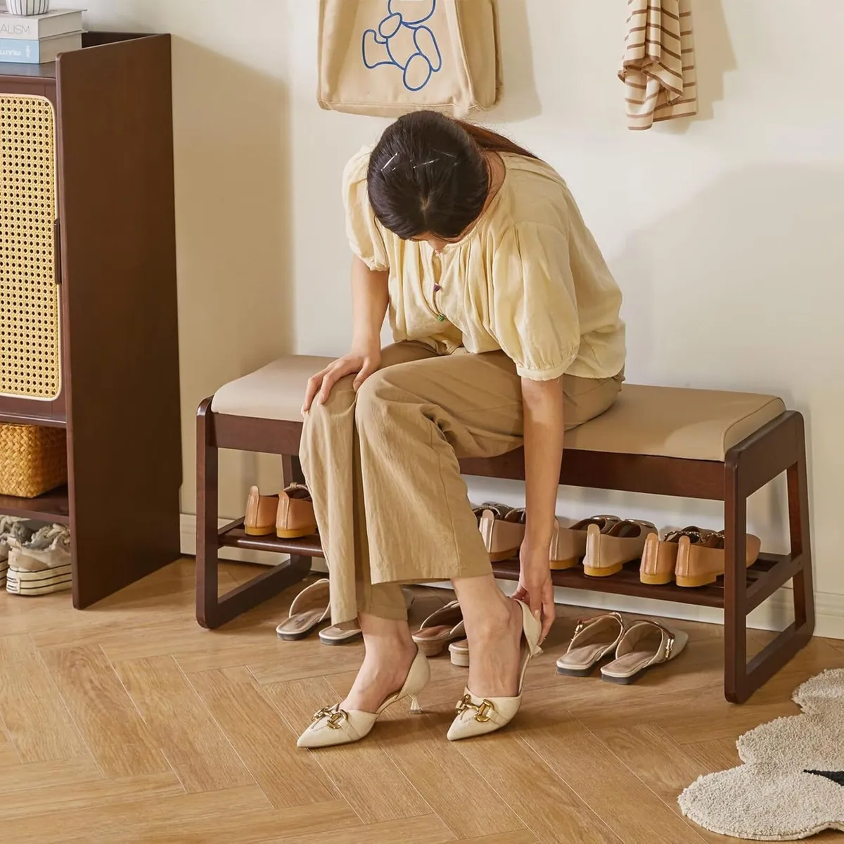 Wood Shoe Storage Bench with Cushion 2 Tier Rack - Image 2