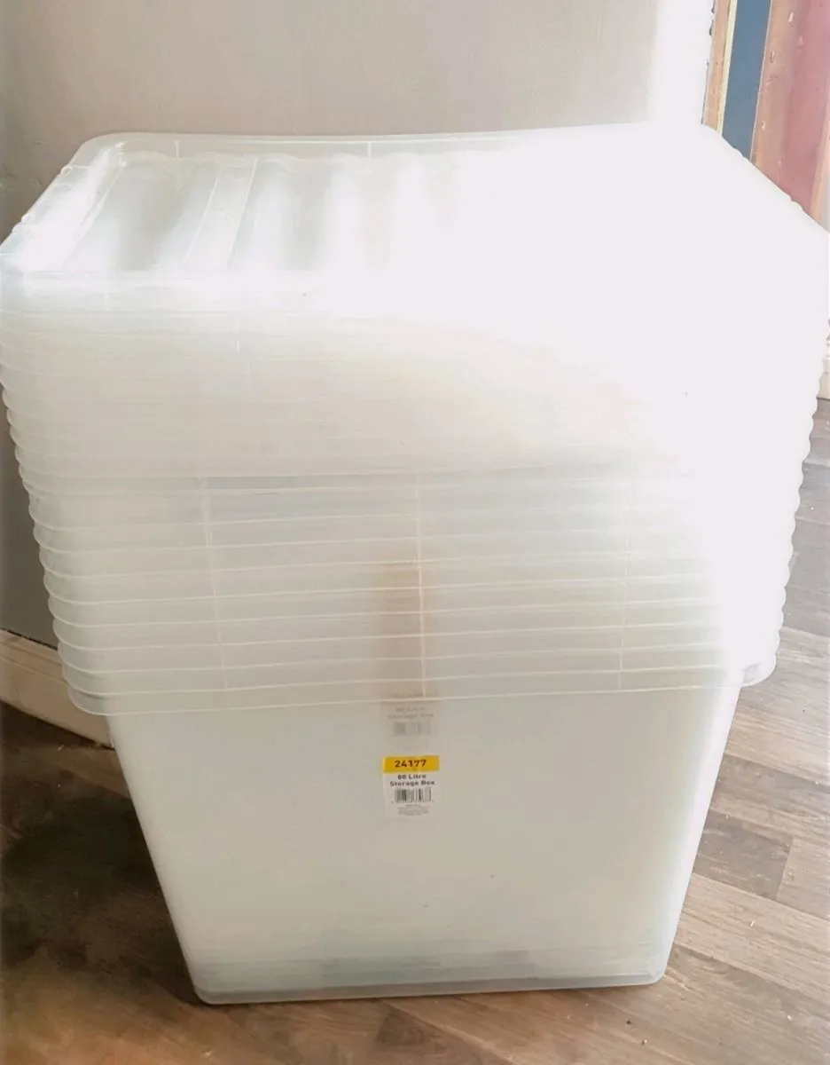 10 x 80L Storage Boxes – Stackable – Clear Plastic - Image 1
