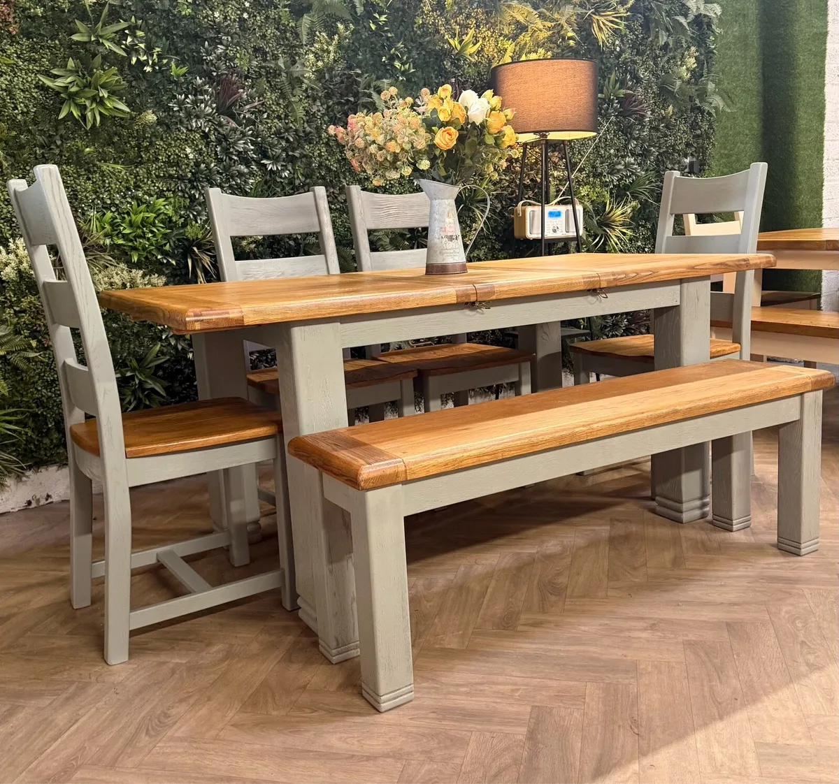 Extending oak kitchen table, 4 chairs & bench - Image 1