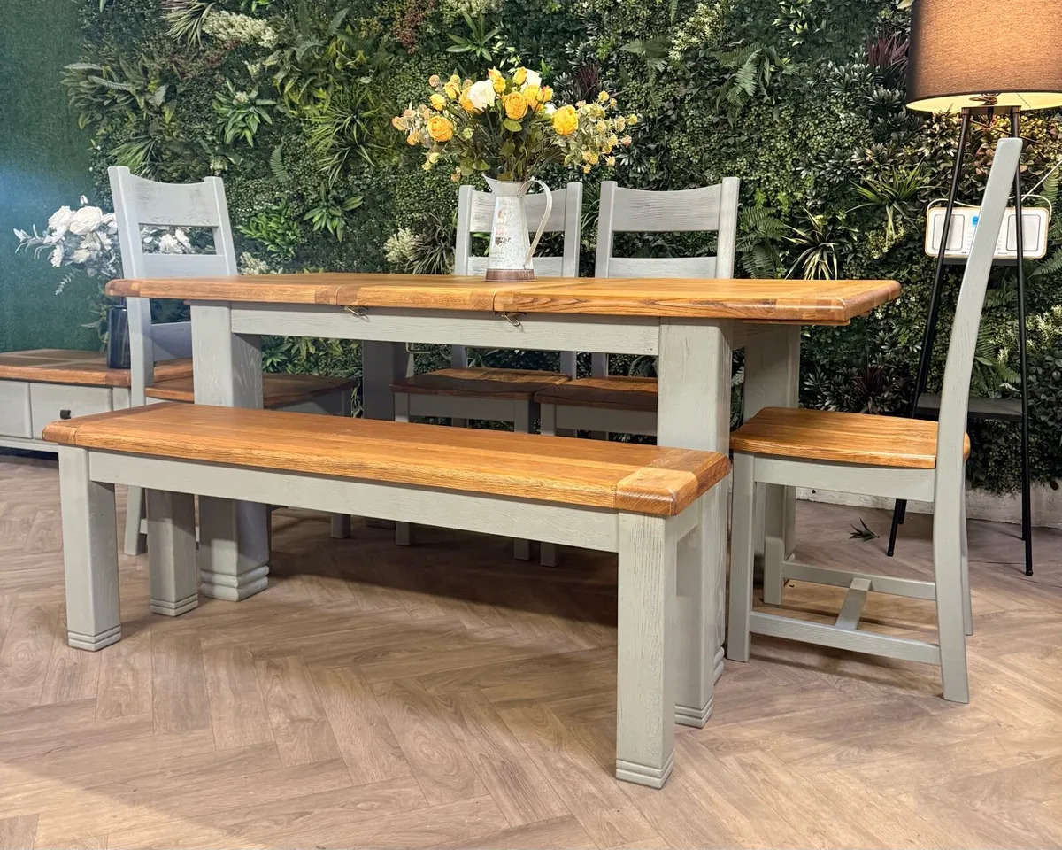 Extending oak kitchen table, 4 chairs & bench - Image 3