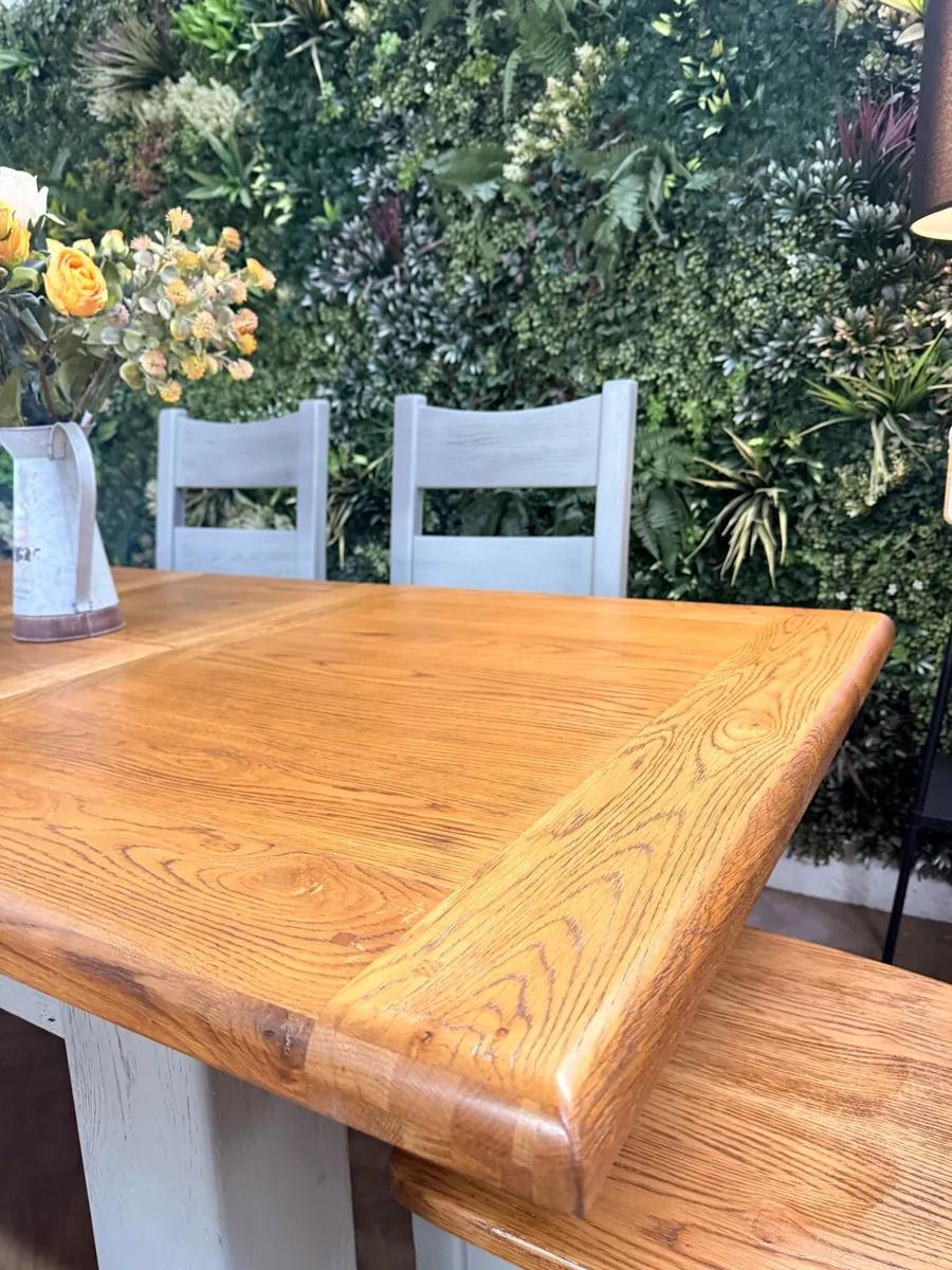 Extending oak kitchen table, 4 chairs & bench - Image 4