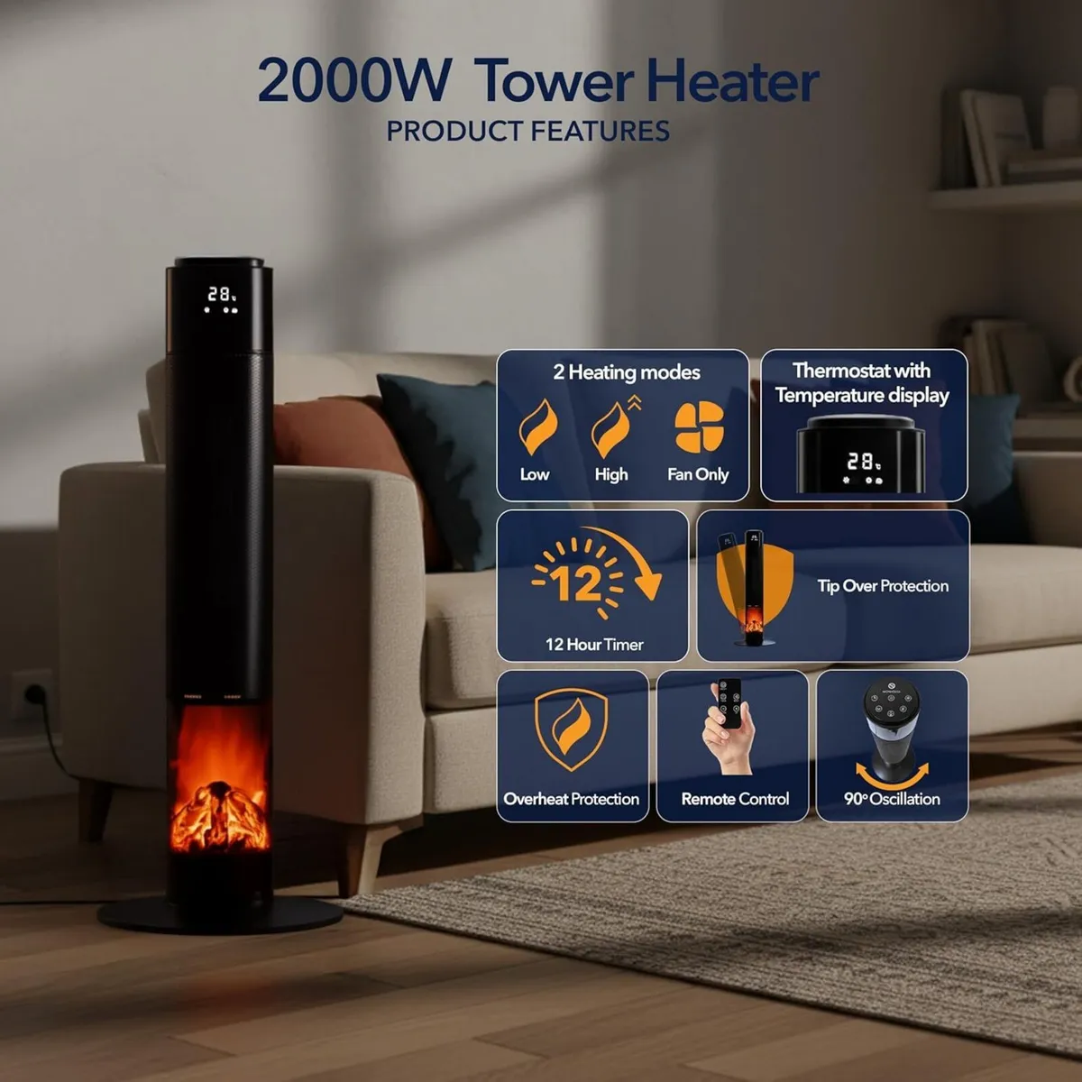 Oscillating Tower Fan Heater with Fireplace 33 - Image 2