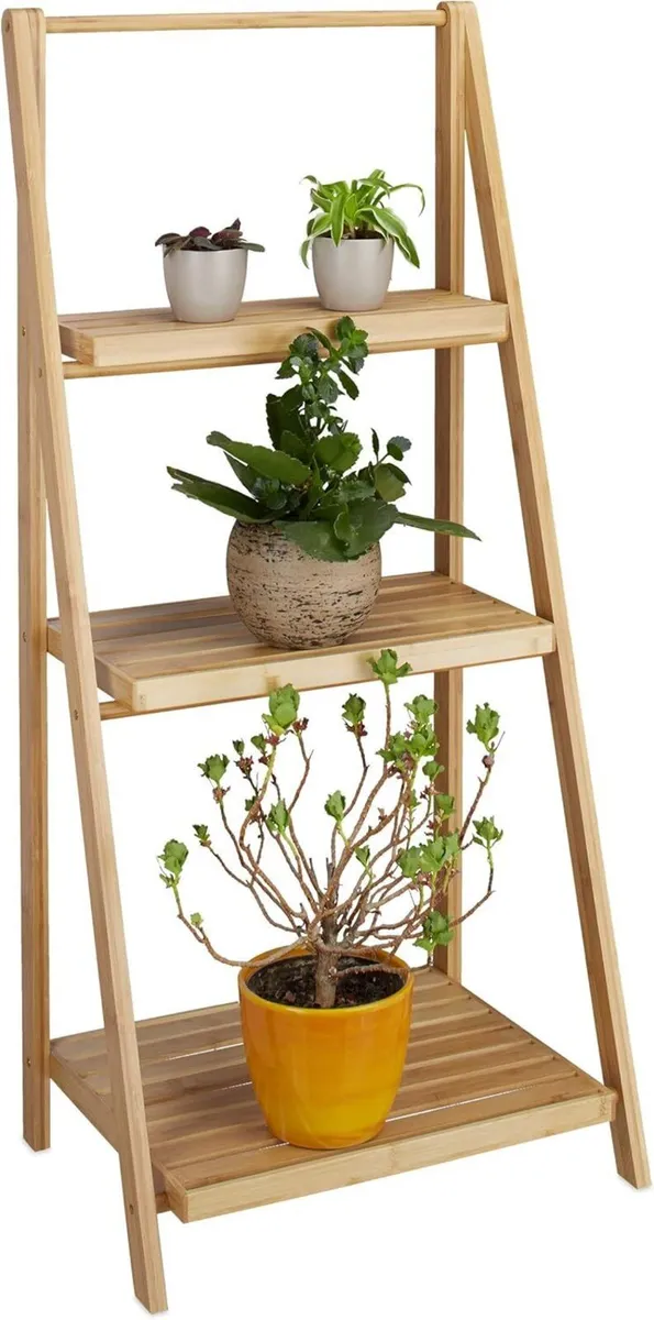 Flower Stand 3 Shelves Bamboo Foldable Ladder - Image 1