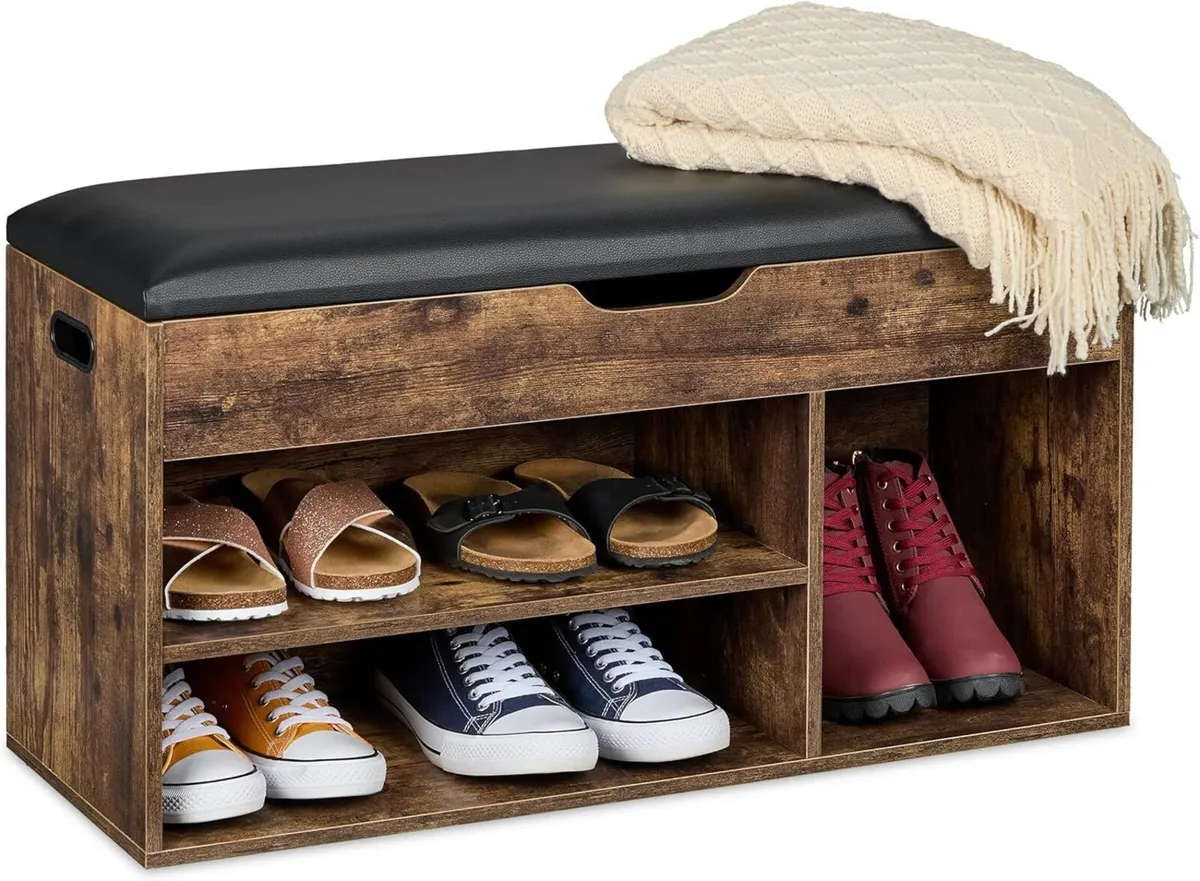 Shoe Bench Footwear Rack with 3 Compartments HWD: - Image 1