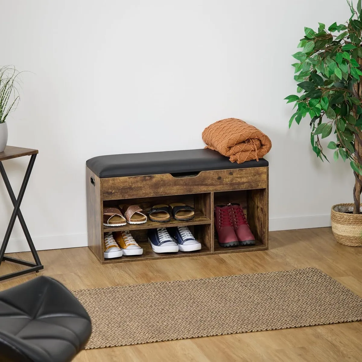 Shoe Bench Footwear Rack with 3 Compartments HWD: - Image 2