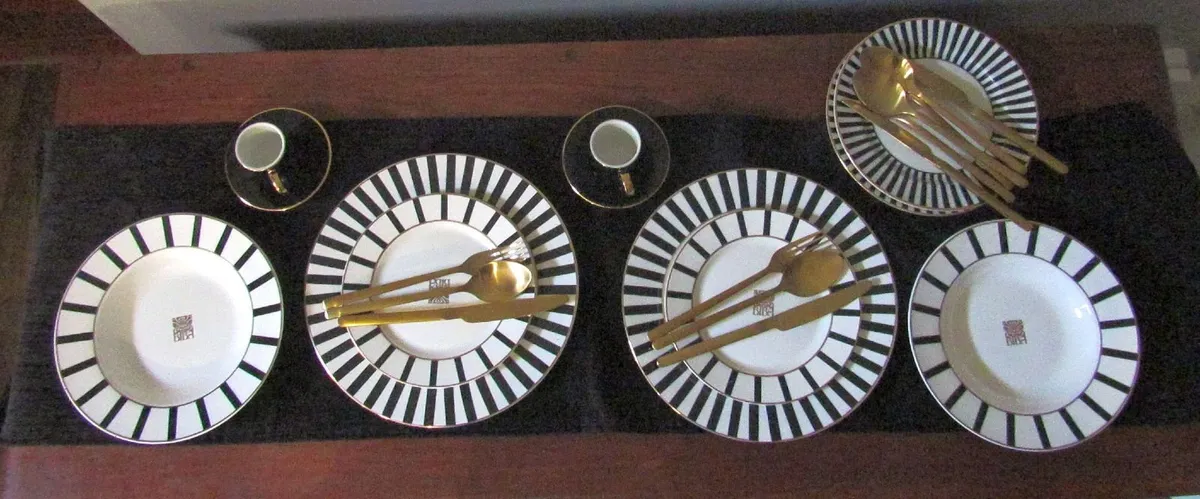 Stylish Black & White Dinner Set + Gold Cutlery - Image 1