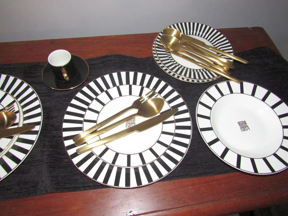 Stylish Black & White Dinner Set + Gold Cutlery - Image 2