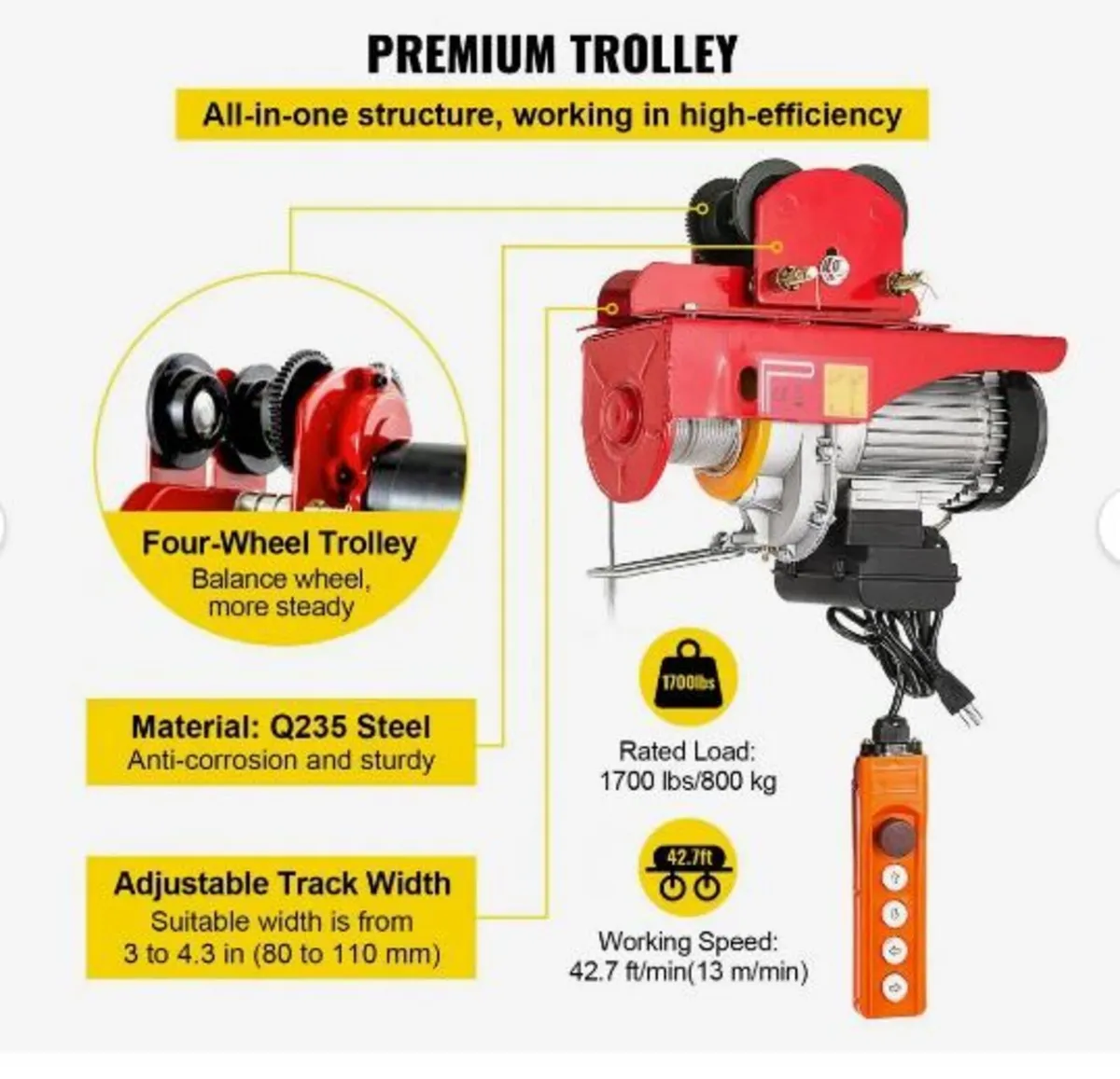 800Kg/1700Lbs Electric Trolley Hoist 1300W - Image 3