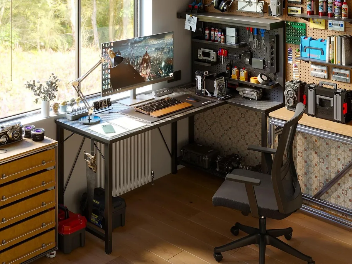 L Shaped Gaming Desk with Pegboard Hutch Shelves - Image 2