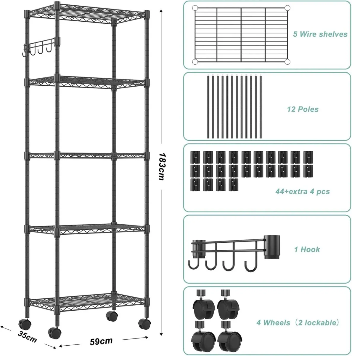 5 Tier Wire Shelving Unit with Wheels 59W x 35D - Image 3