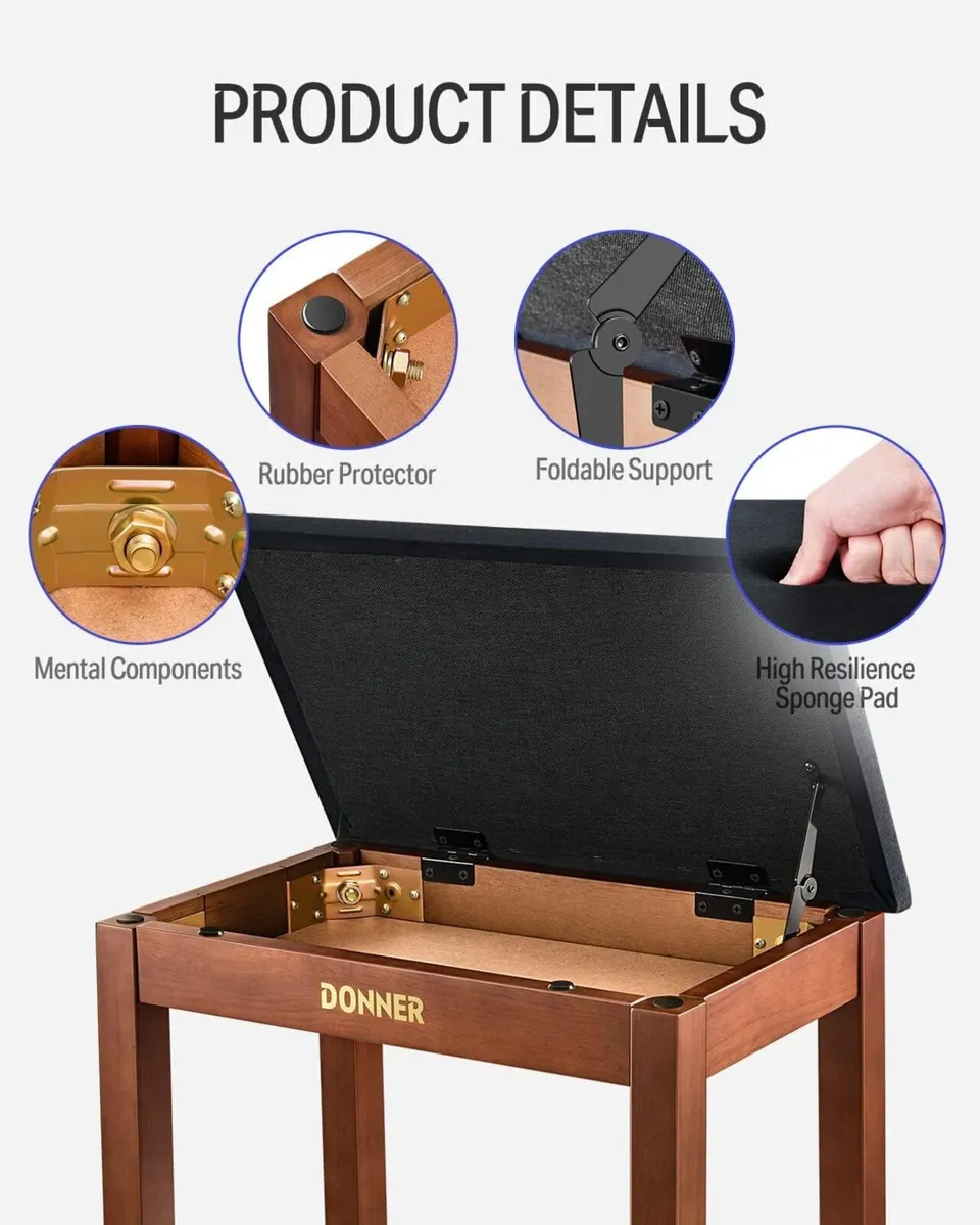 Piano Bench with Storage Solid Wood Keyboard - Image 4