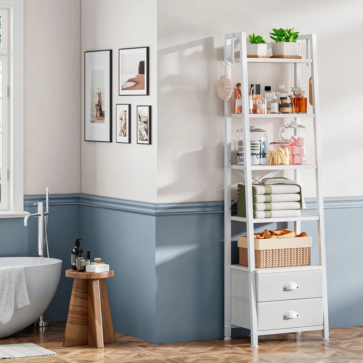 5 Tier Bookshelf with 2 Fabric Drawers Ladder - Image 2