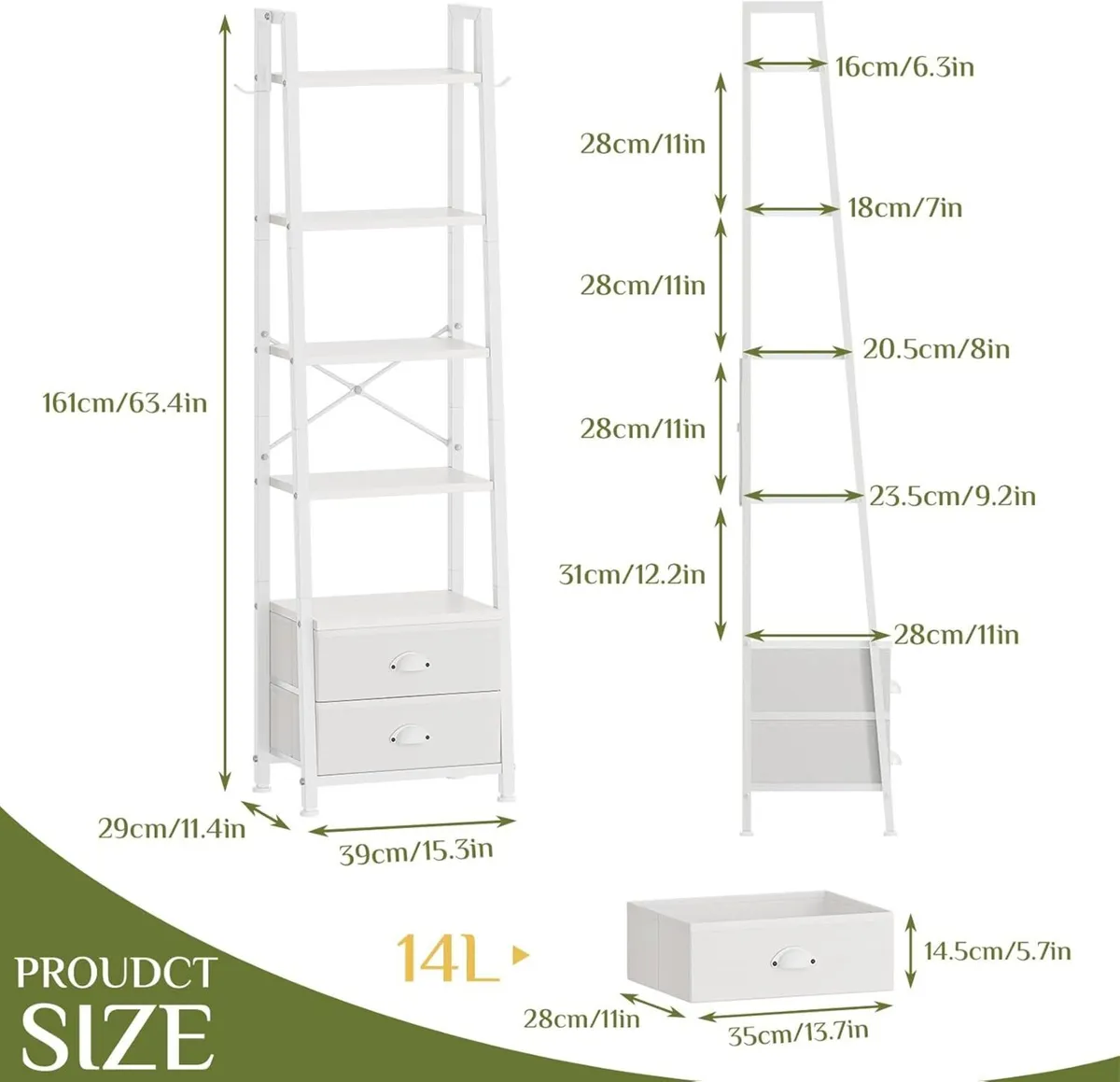 5 Tier Bookshelf with 2 Fabric Drawers Ladder - Image 3