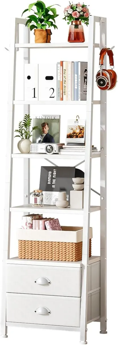 5 Tier Bookshelf with 2 Fabric Drawers Ladder - Image 1