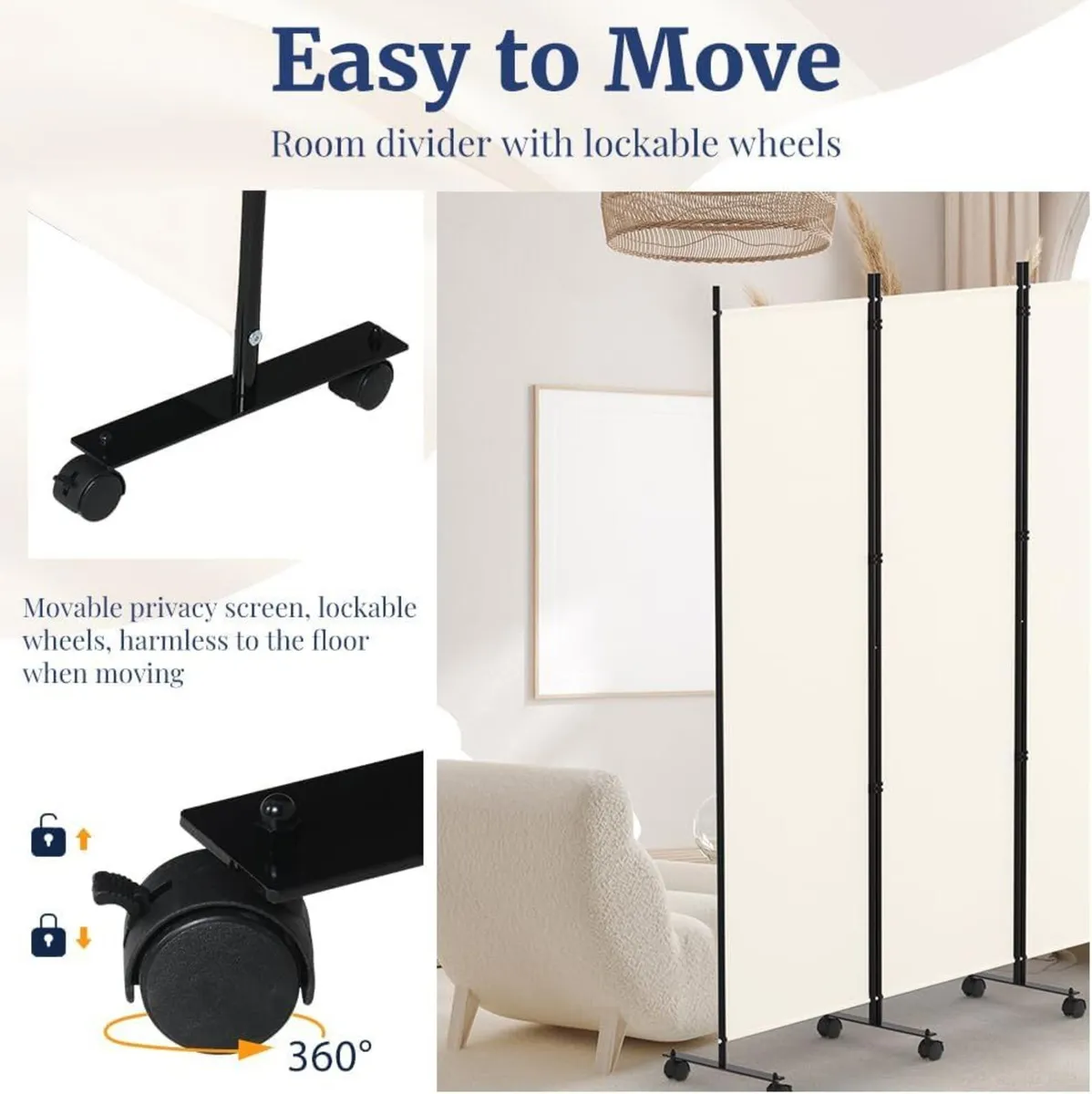 4 Panel Room Divider 6FT Tall Rolling Privacy - Image 4