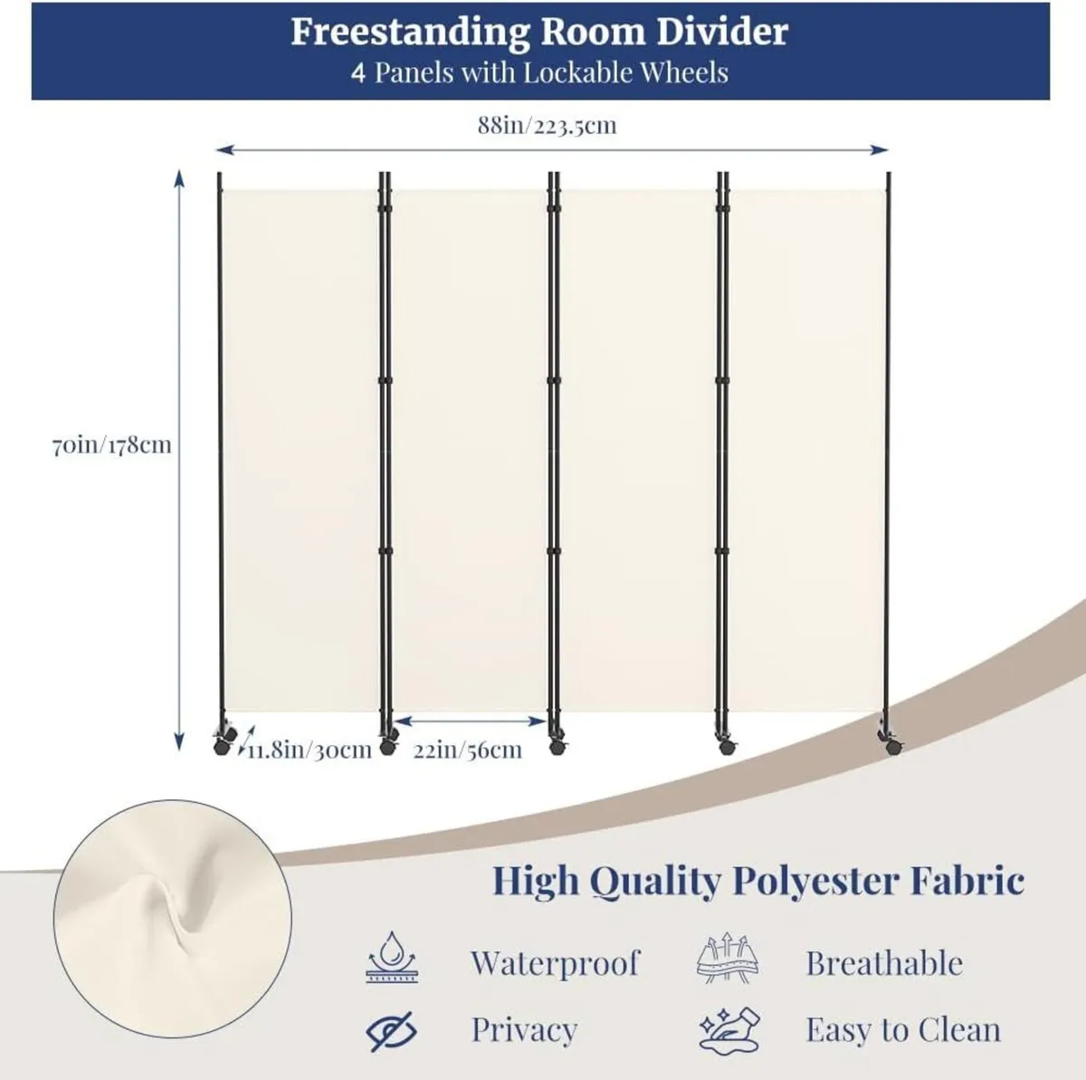4 Panel Room Divider 6FT Tall Rolling Privacy - Image 2