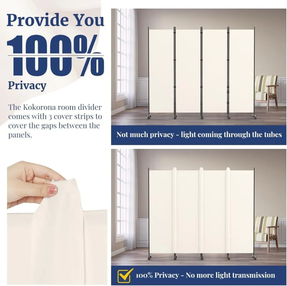 4 Panel Room Divider 6FT Tall Rolling Privacy - Image 3