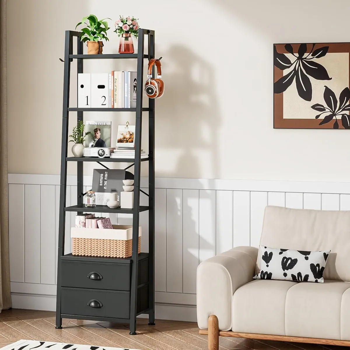 5 Tier Bookshelf with 2 Fabric Drawers Slim - Image 2