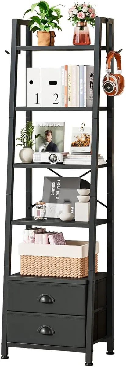 5 Tier Bookshelf with 2 Fabric Drawers Slim - Image 1
