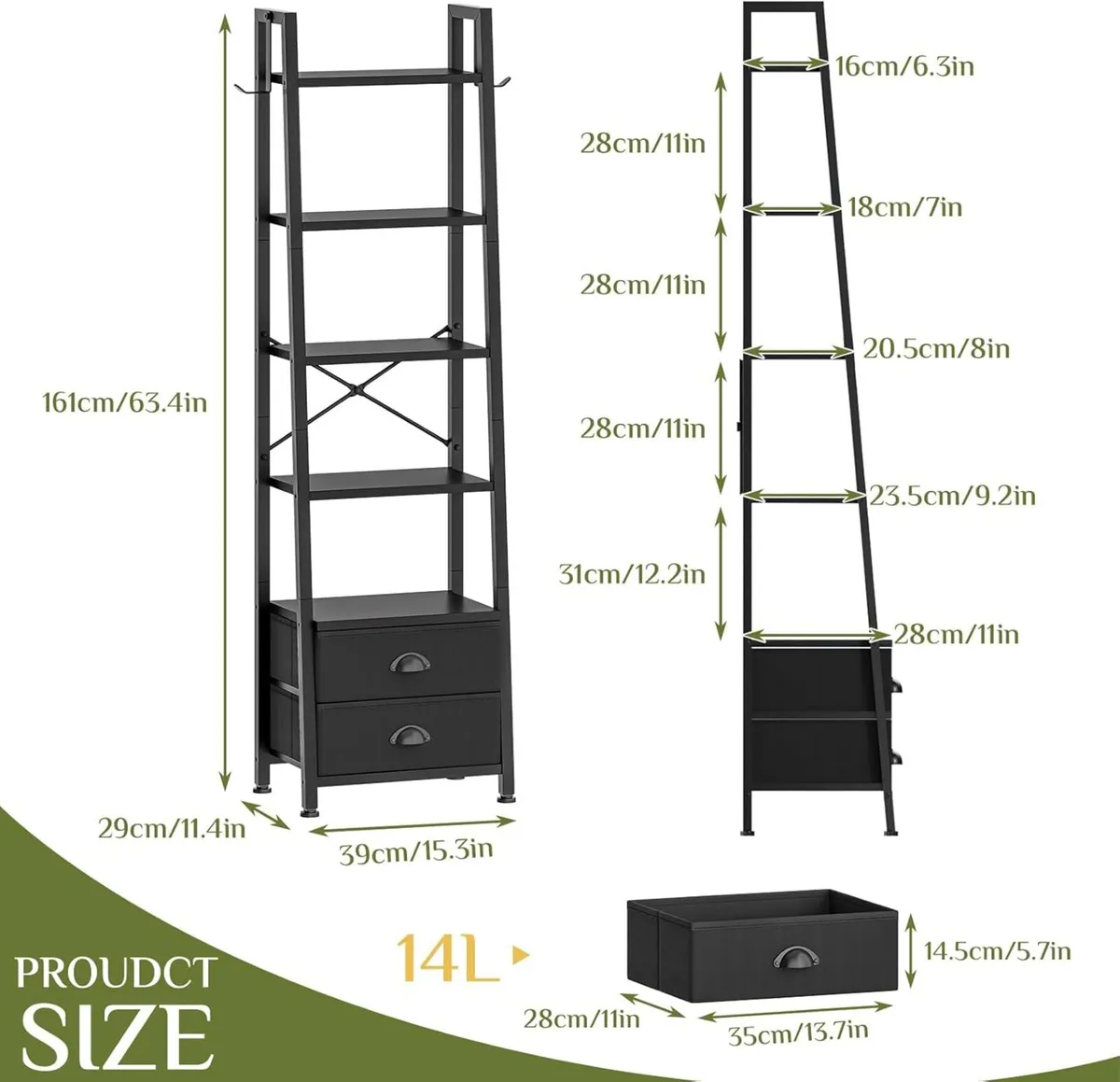 5 Tier Bookshelf with 2 Fabric Drawers Slim - Image 3