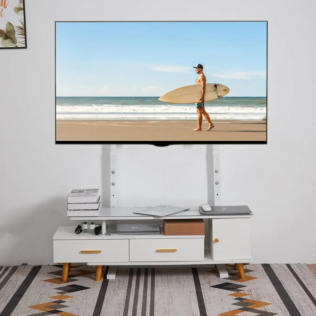 White TV Floor Stand: Free Standing Mount Bracket - Image 2