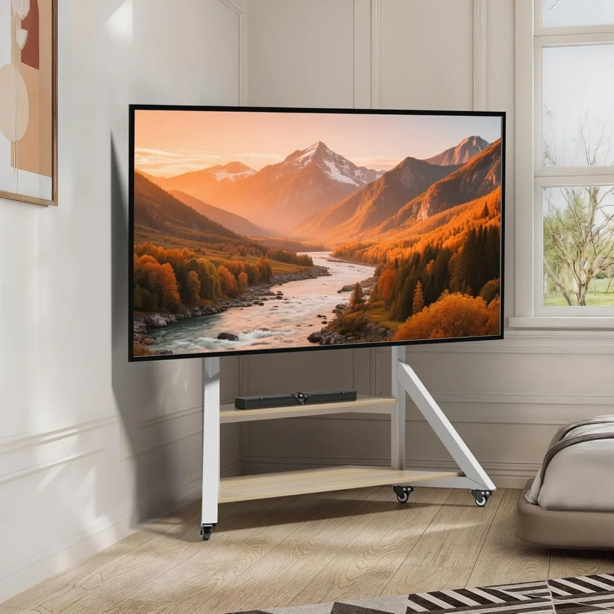 Mobile Floor TV Stand with Wheels and Wooden - Image 3