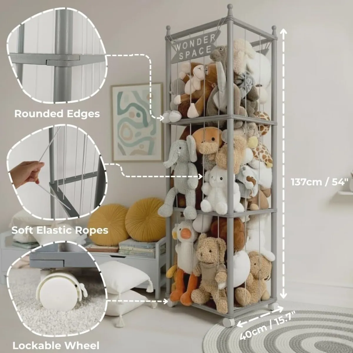 Wooden Stuffed Animal Storage Rack with Wheels - Image 2