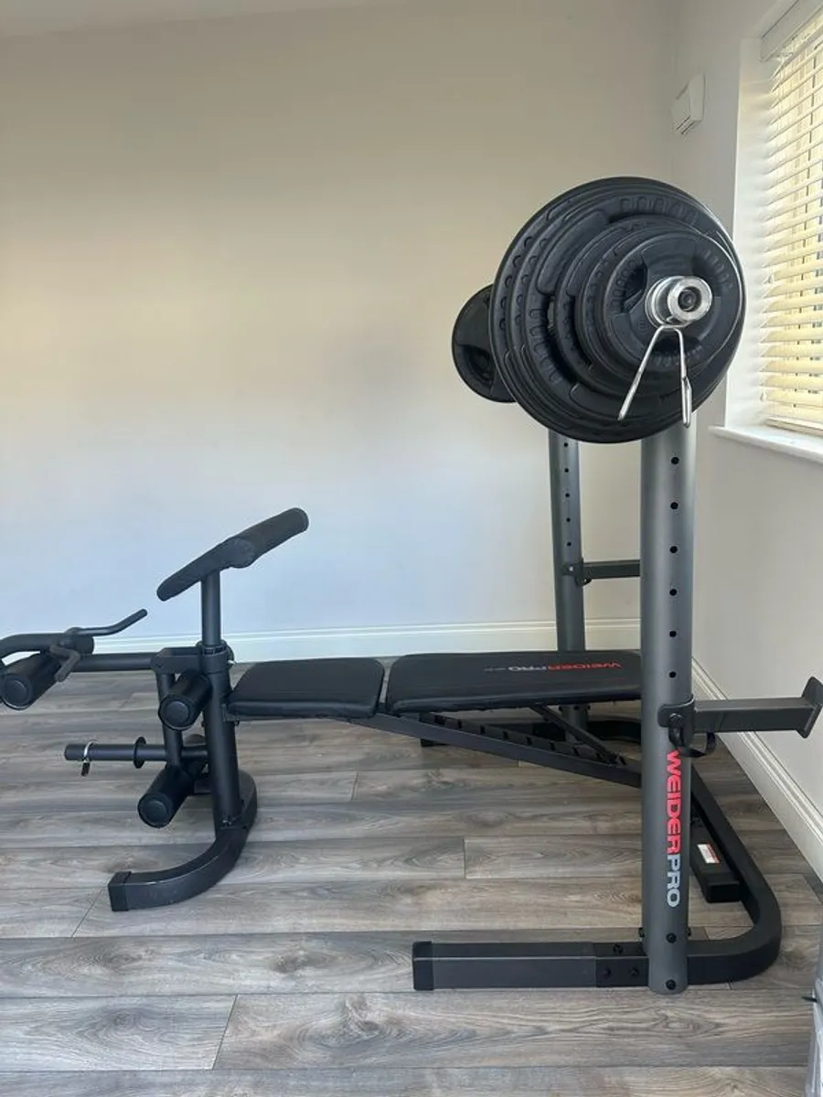 Home Gym Equipment: Adjustable Weider Gym Bench, Olympic bars, and Rubber Weights - Image 2