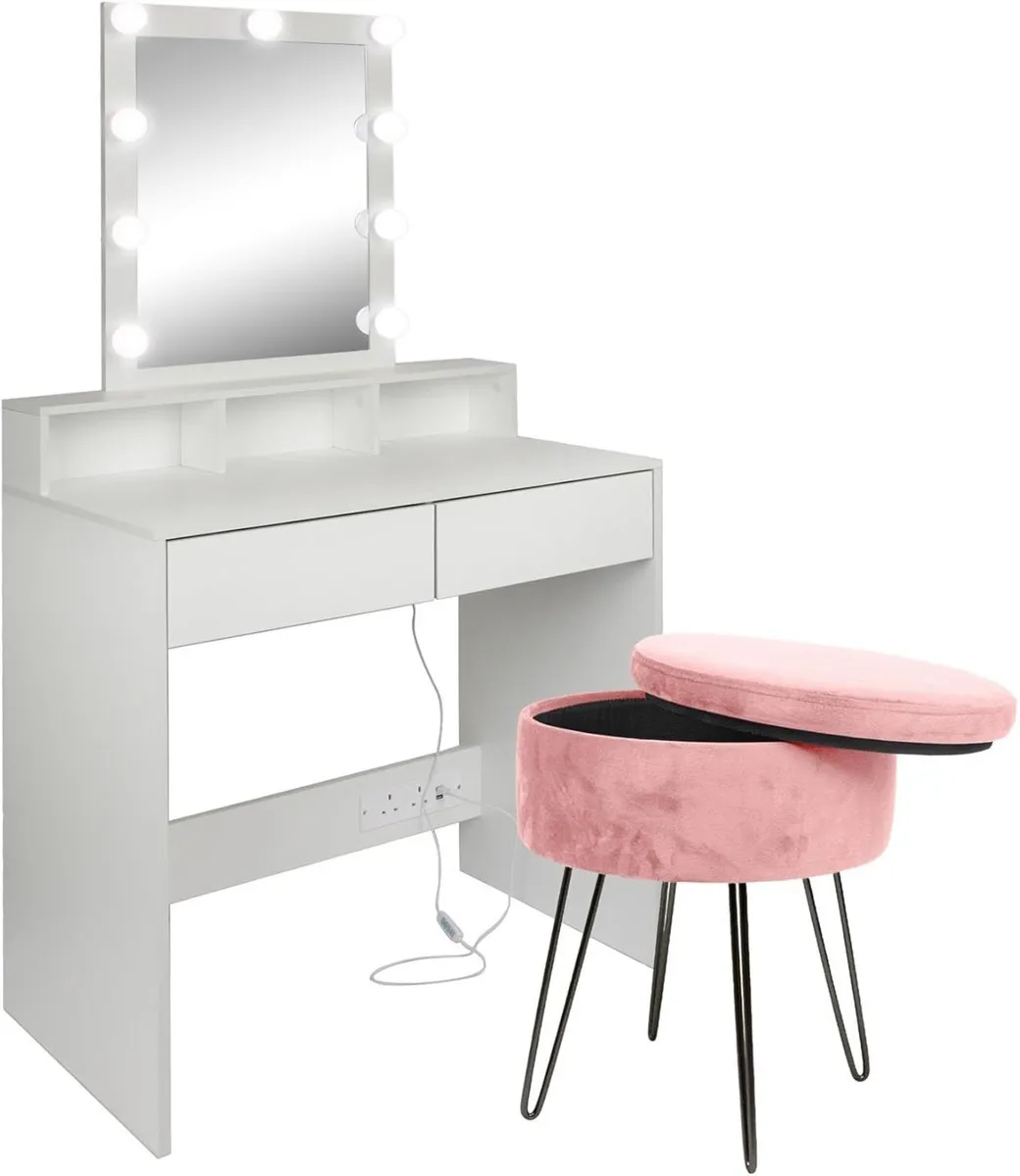 Wooden Dressing Table Set with LED Lights Pink - Image 1