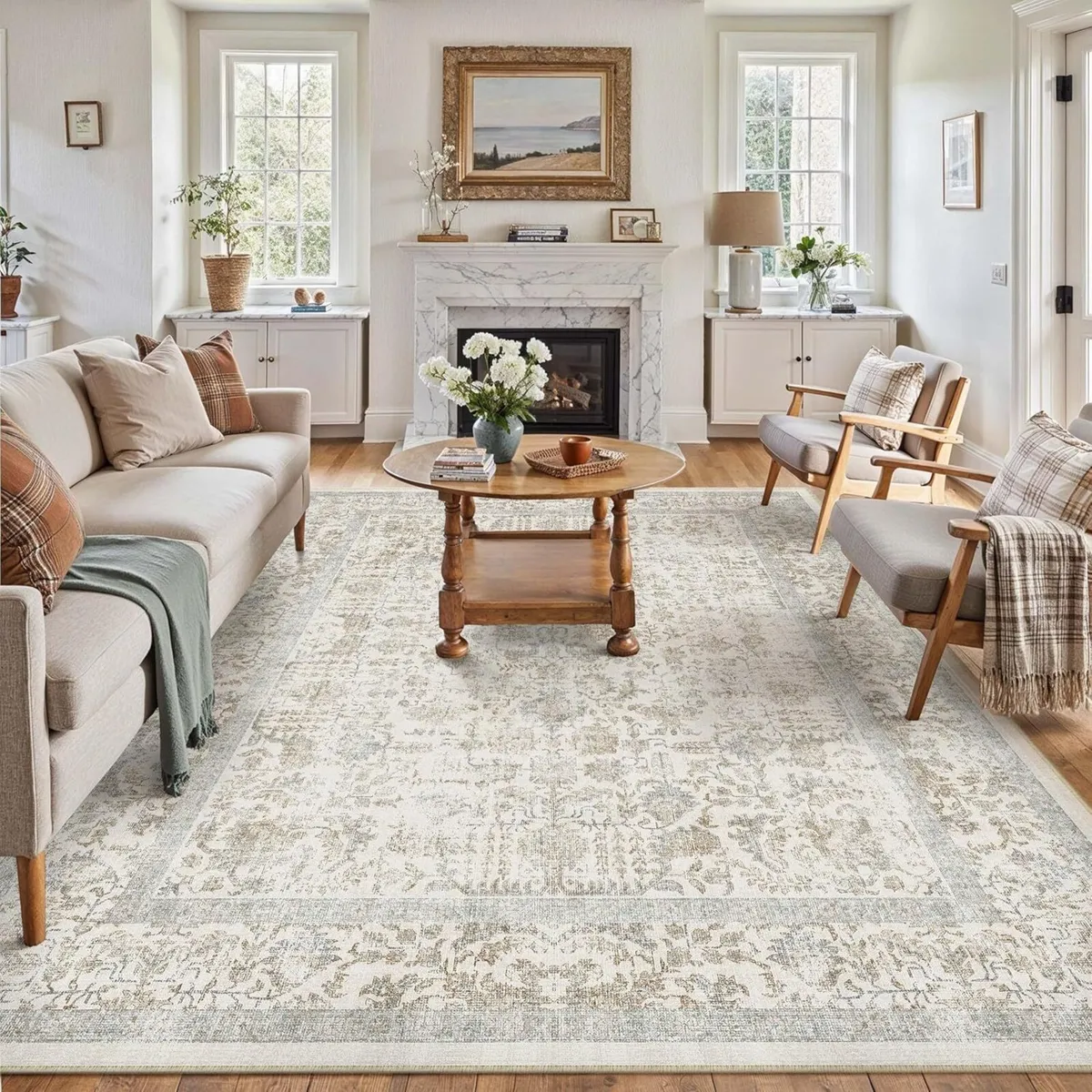 Vintage Taupe Rugs Living Room Washable Non Slip - Image 1