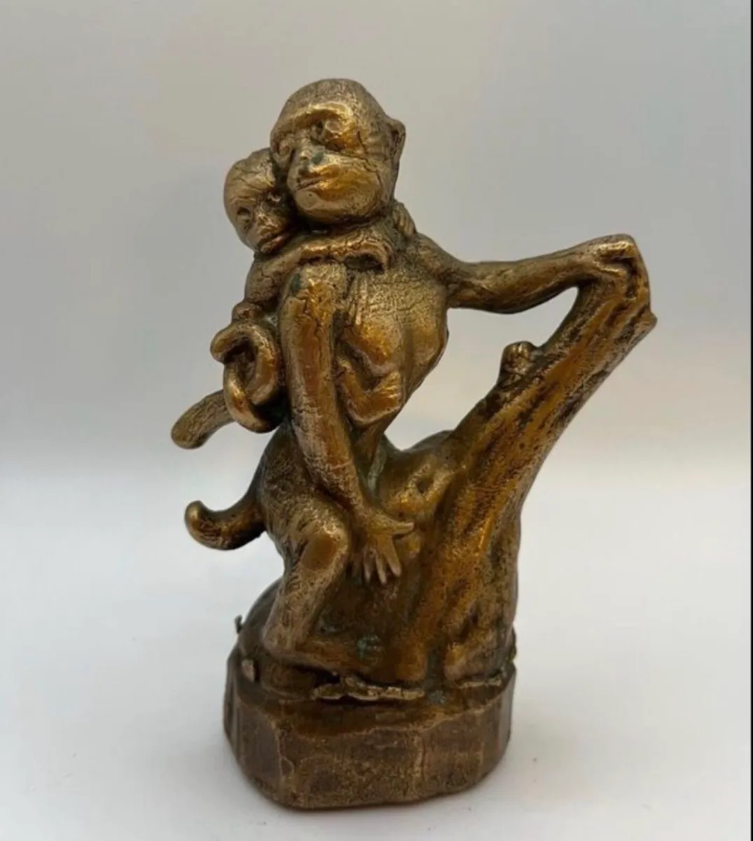 Vintage bronze monkey and baby sculpture