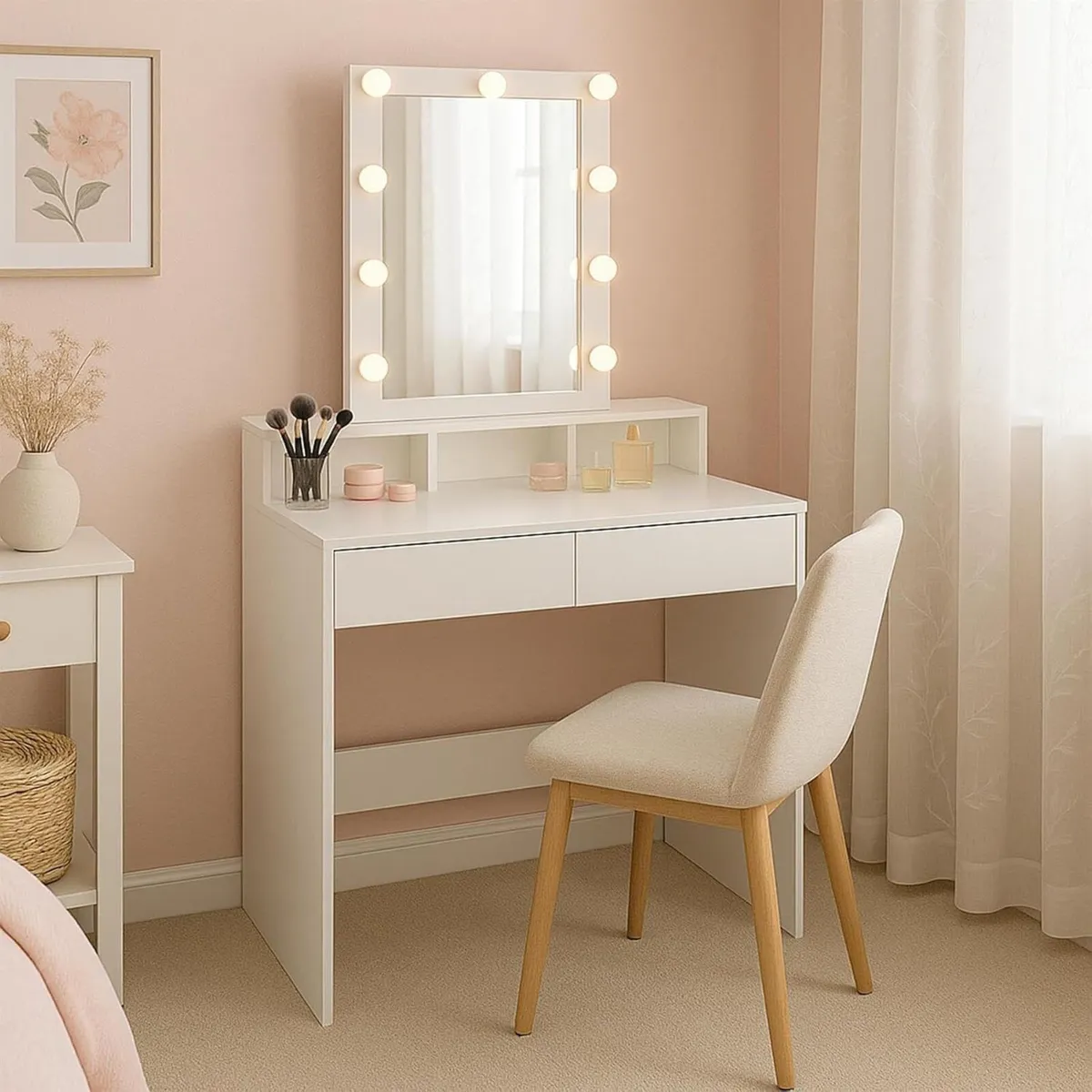 Wooden Dressing Table with LED Mirror Lights - - Image 1