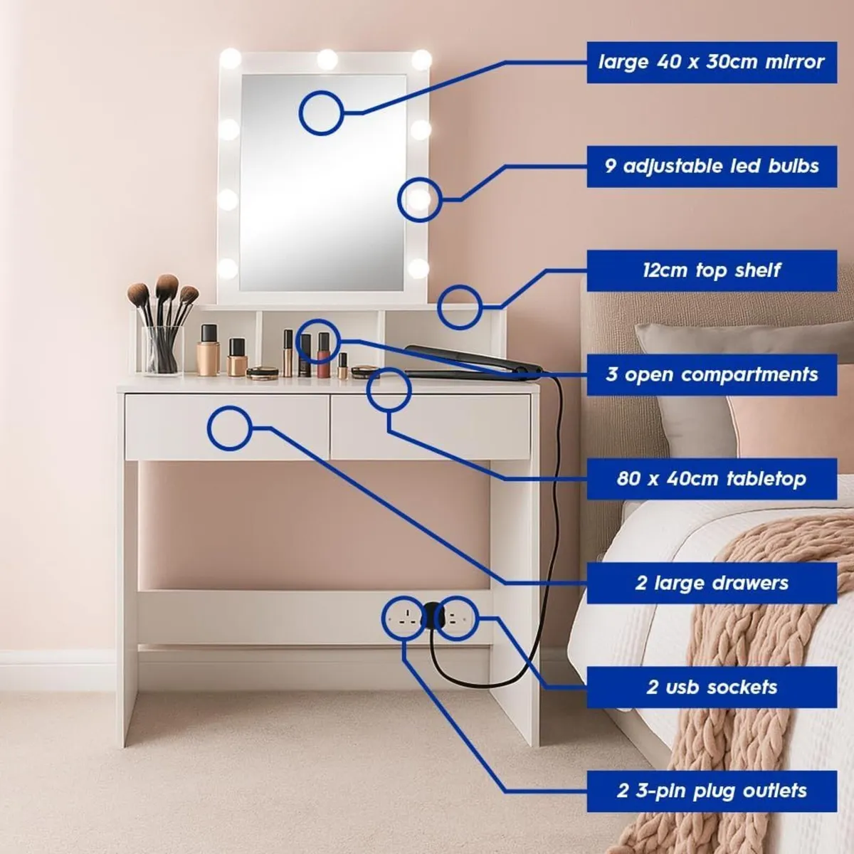 Wooden Dressing Table with LED Mirror Lights - - Image 2