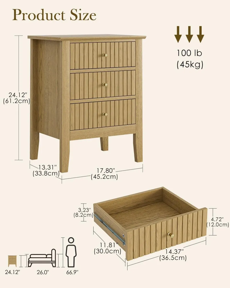 Bedside Cabinet with 3 Drawers Wooden Table - Image 2