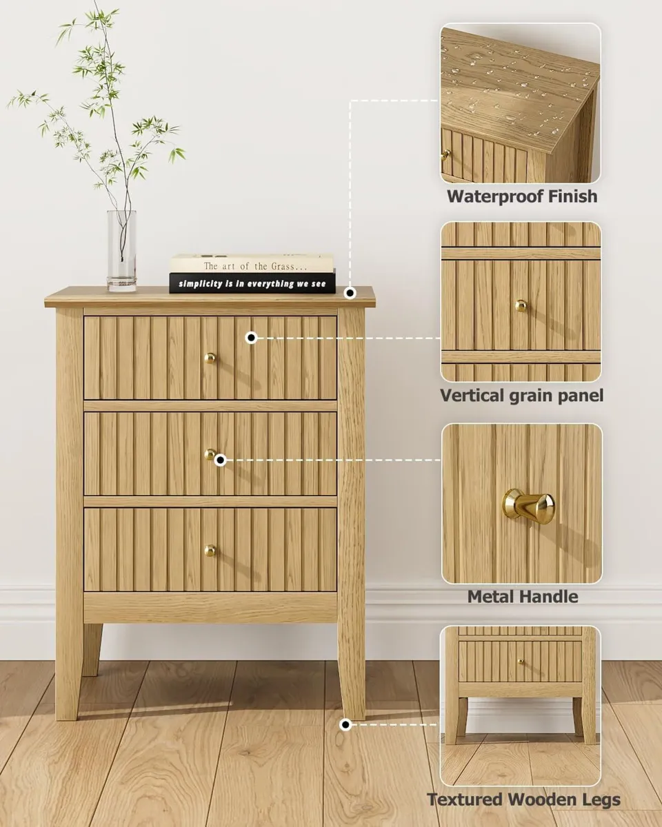 Bedside Cabinet with 3 Drawers Wooden Table - Image 3