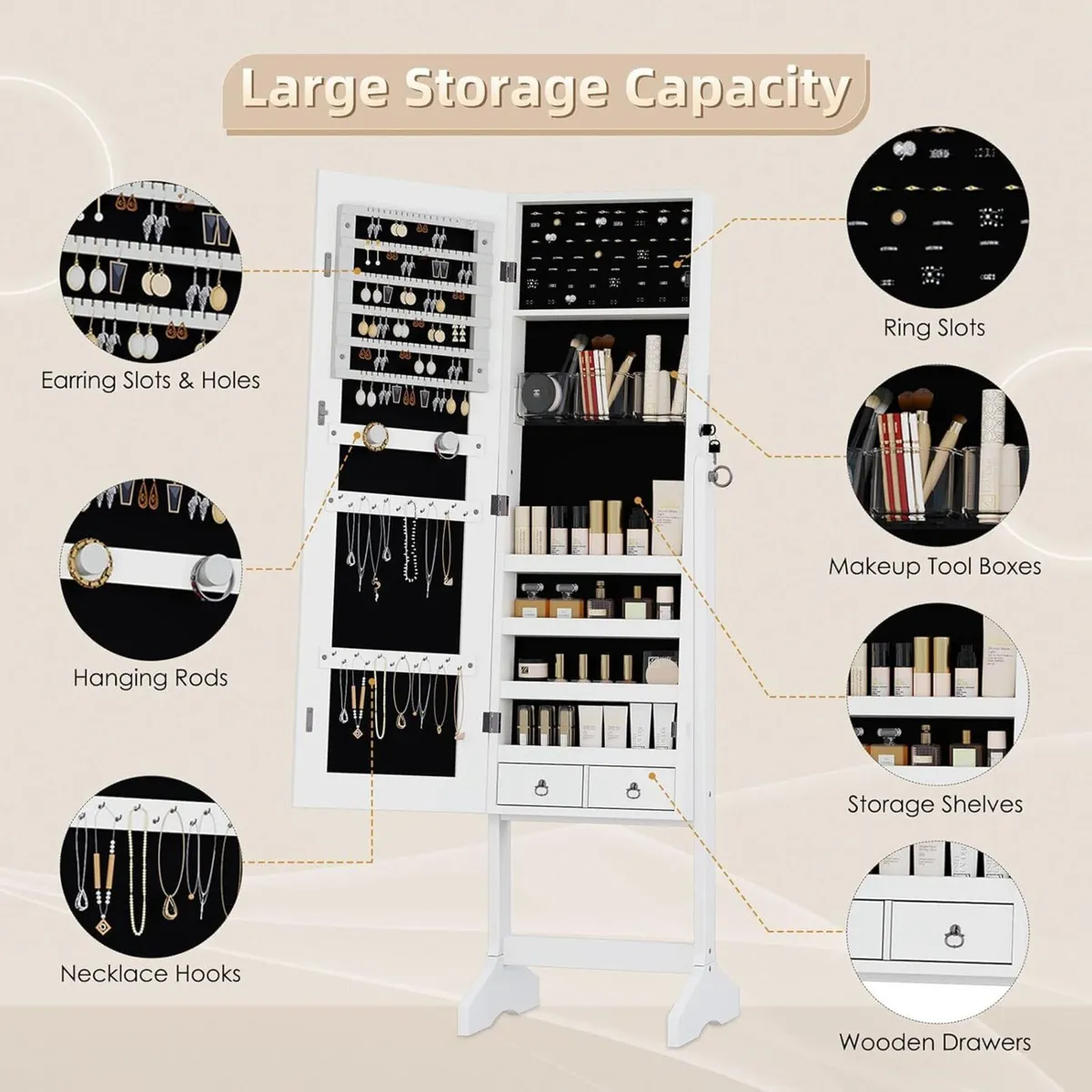 White Jewelry Organiser Mirror Wardrobe Free - Image 4