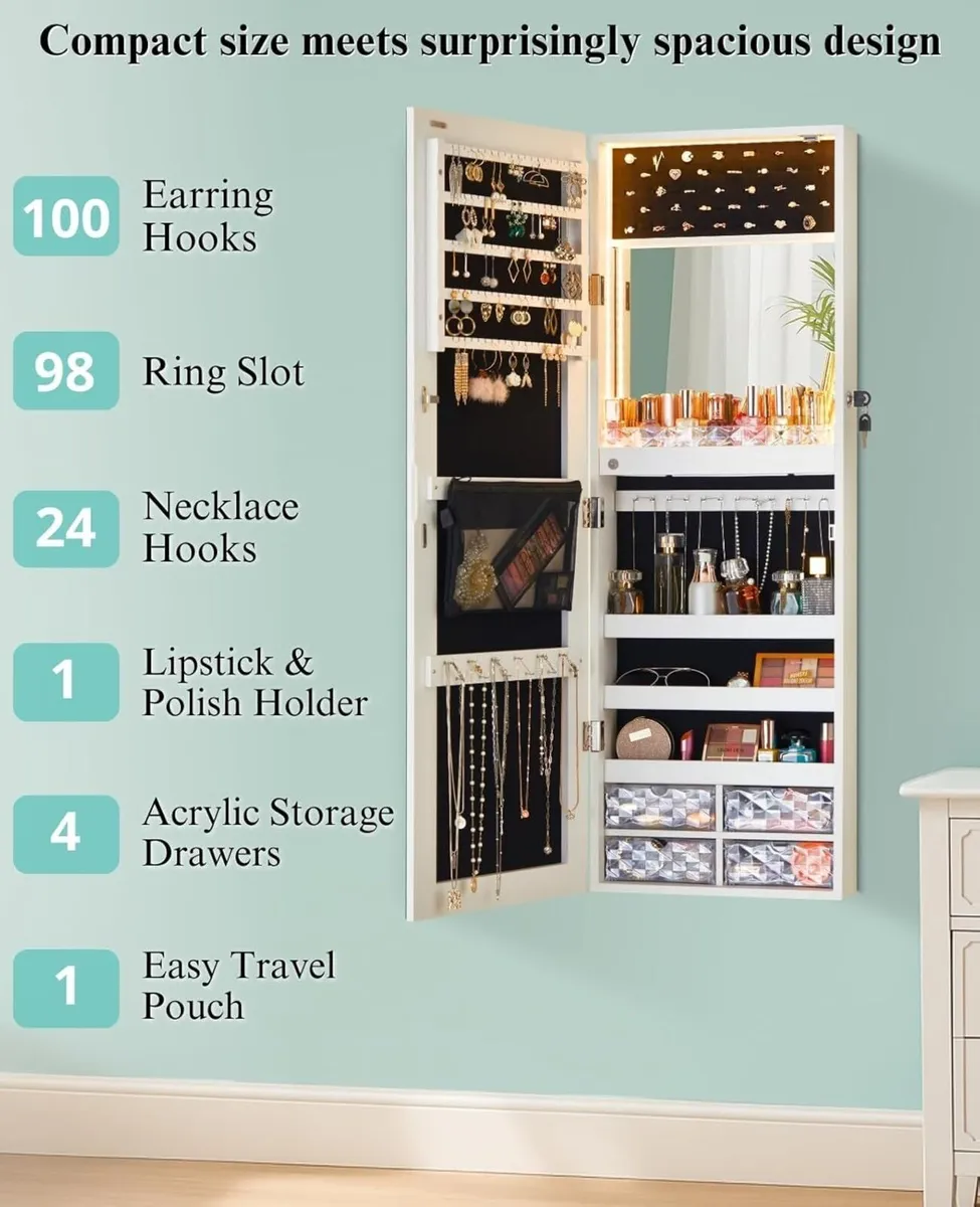 LED Lights Jewellery Mirror Cabinet Wall Mounted - Image 3