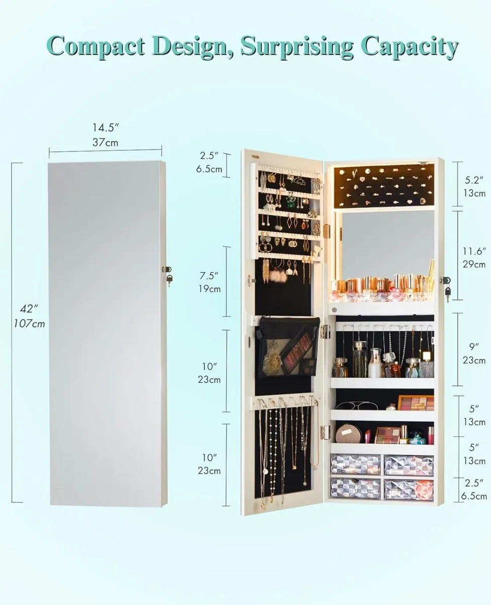 LED Lights Jewellery Mirror Cabinet Wall Mounted - Image 2