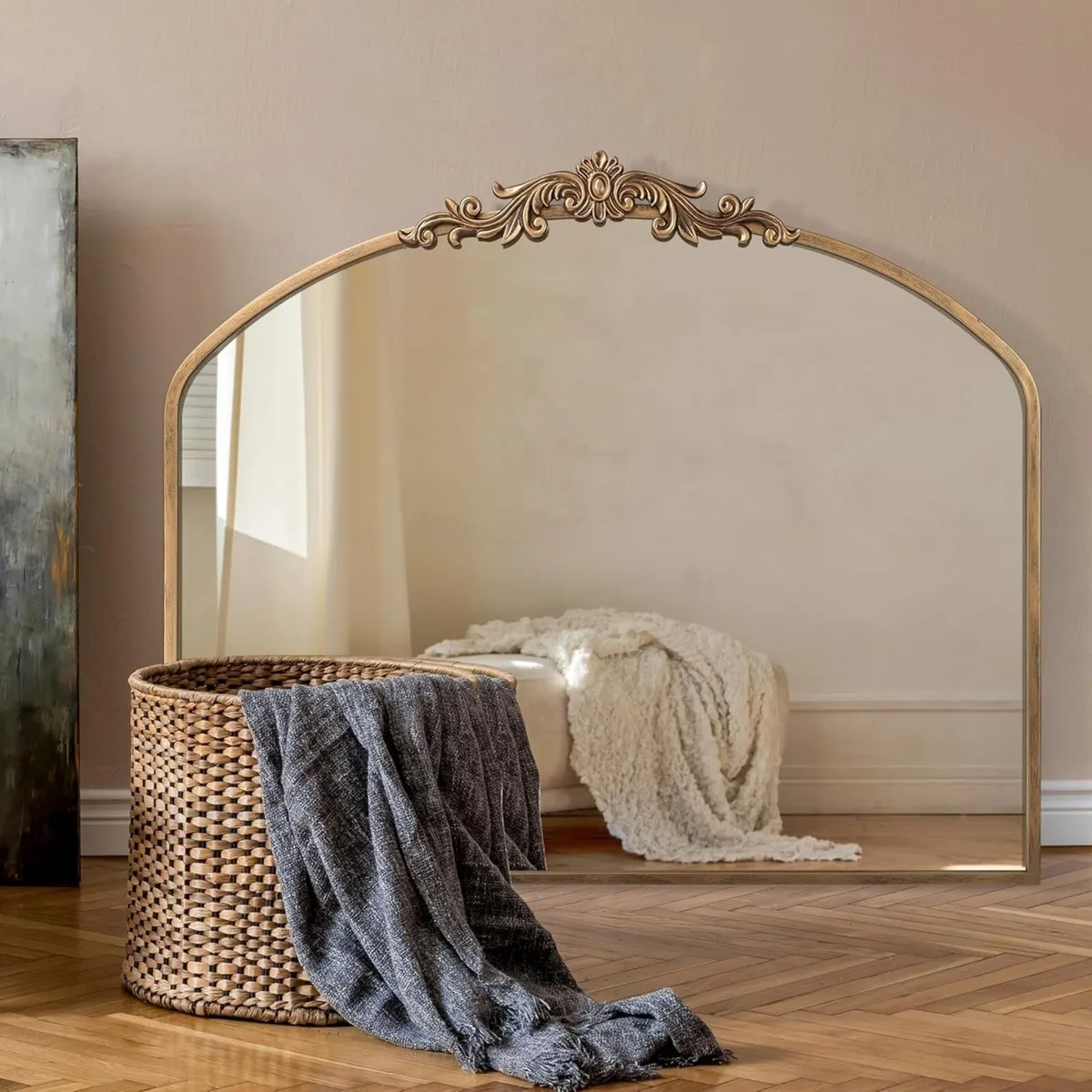 Gold Vintage Mirror 91 x 76 cm Arched Antique - Image 1