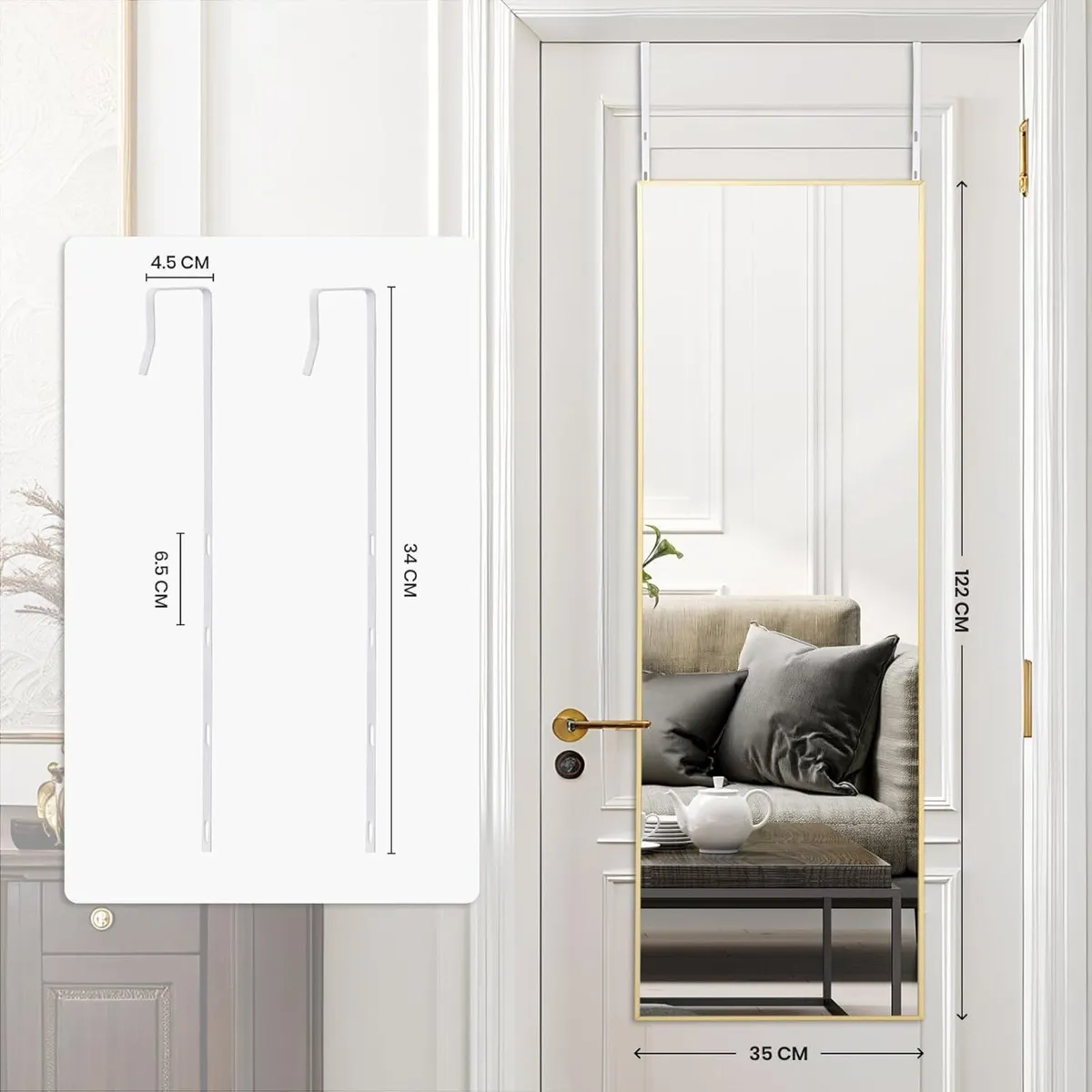 122x35 CM Over The Door Mirror with Hanger Gold - Image 2