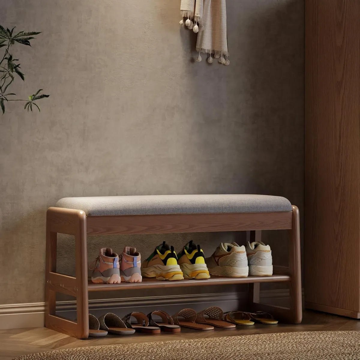 Small Shoe Bench with Cushion Storage Seat Wooden - Image 1