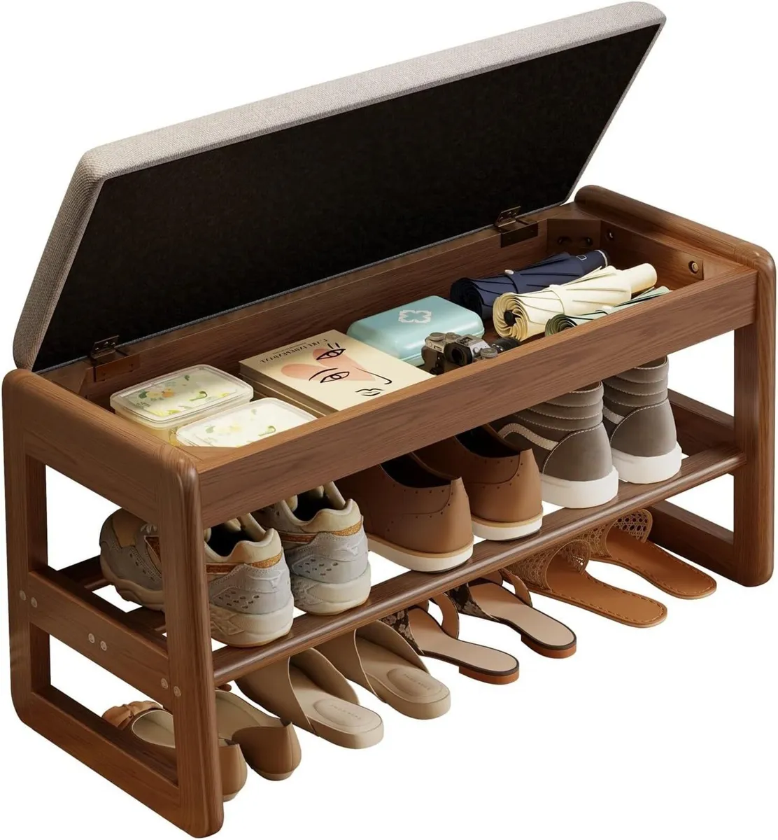 Small Shoe Bench with Cushion Storage Seat Wooden - Image 4